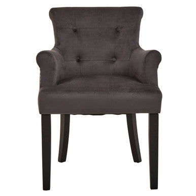 Dark gray upholstered armchair on a white background