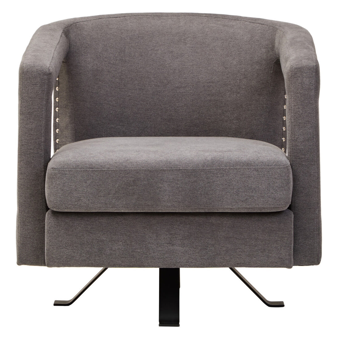 Gray upholstered armchair with metal legs on a white background