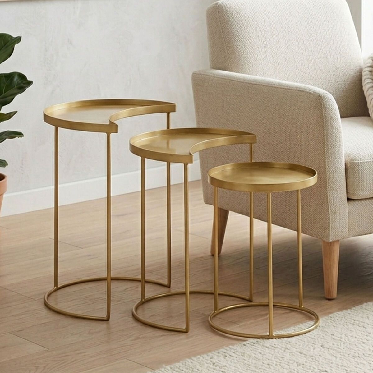 Set of 3 Antique Brass Finish Metallic Nesting Side Tables with Slim Legs and Half-Moon Tops, Suar