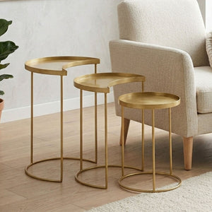 Set of 3 Antique Brass Finish Metallic Nesting Side Tables with Slim Legs and Half-Moon Tops, Suar