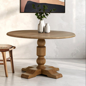 Natural Solid Oak Round Dining Table with Carved Pedestal Base and Angular Braces, Parkside