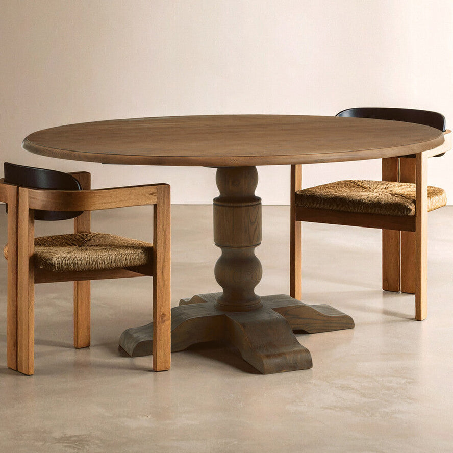 Dark Oak Round Dining Table with Sculpted Pedestal Columns and Angular ...