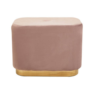 Pink velvet ottoman with a gold base on a white background