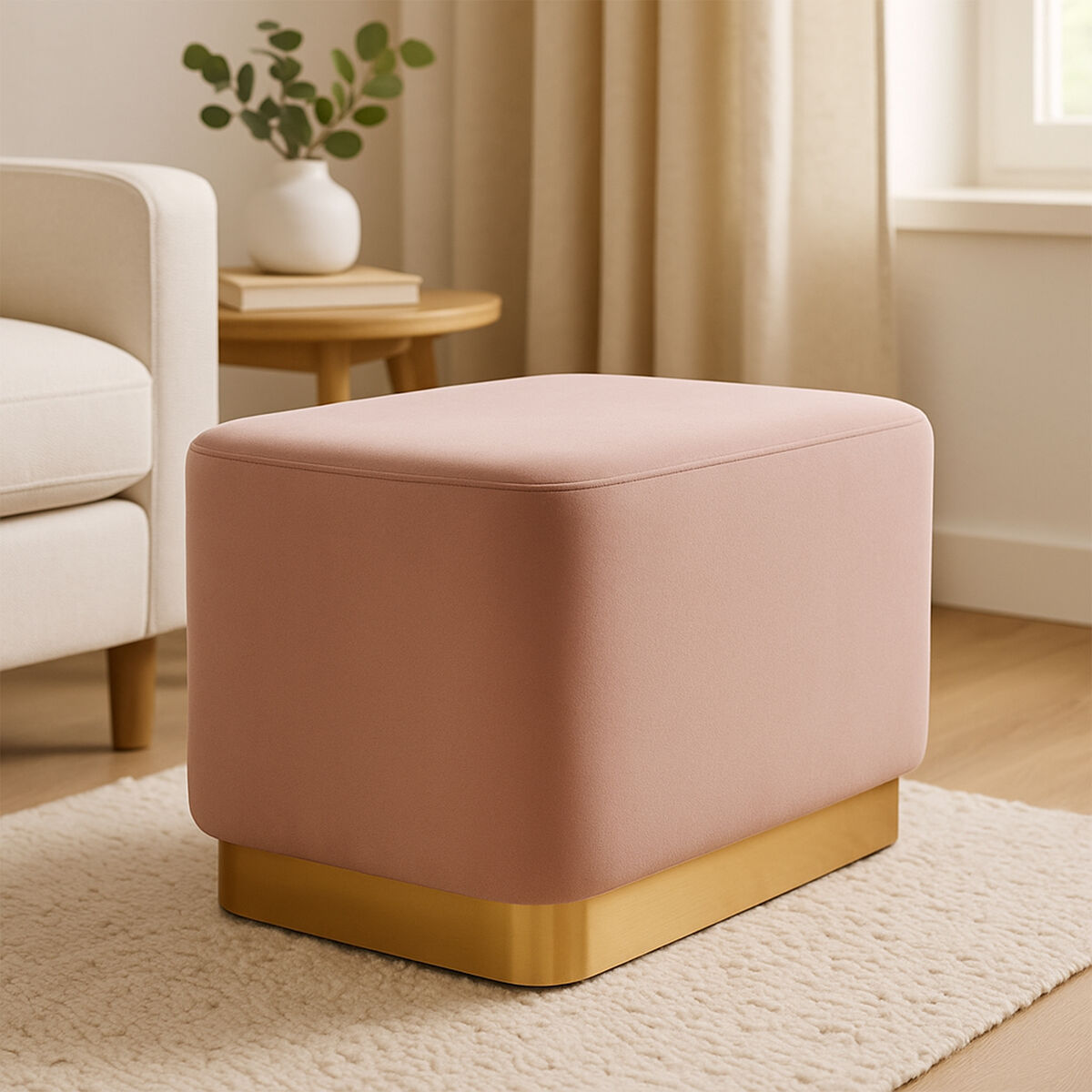 Pink ottoman with gold base in a living room setting