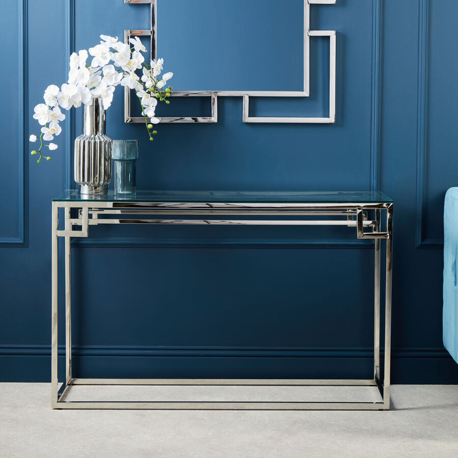 Allure Tempered Glass Silver Finish Console Table