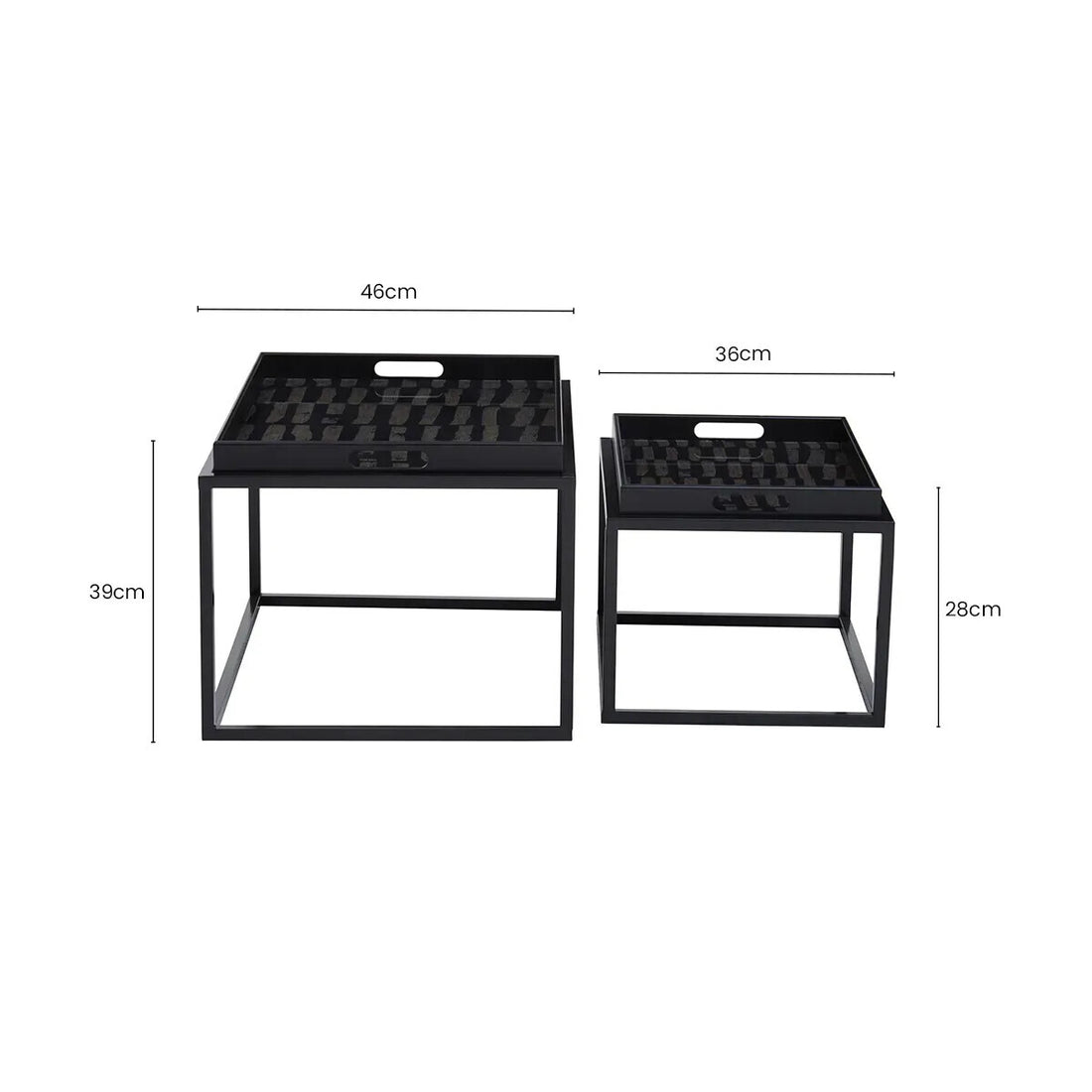 Set of 2 Removable Black and Gold Abstract Tray Tops Nesting Side Tables with Black Metal Frames, Celina