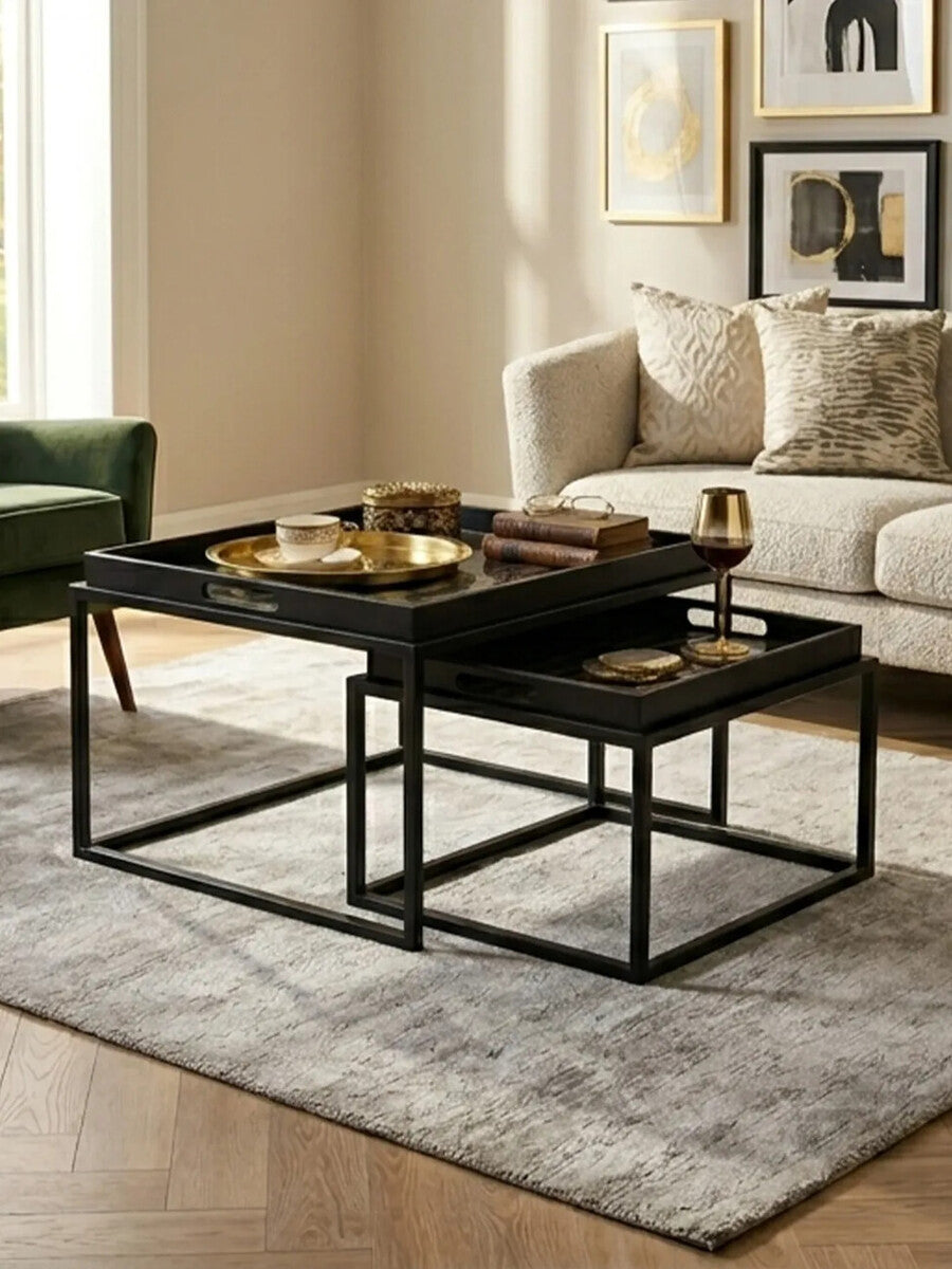 Set of 2 Removable Black and Gold Abstract Tray Tops Nesting Side Tables with Black Metal Frames, Celina