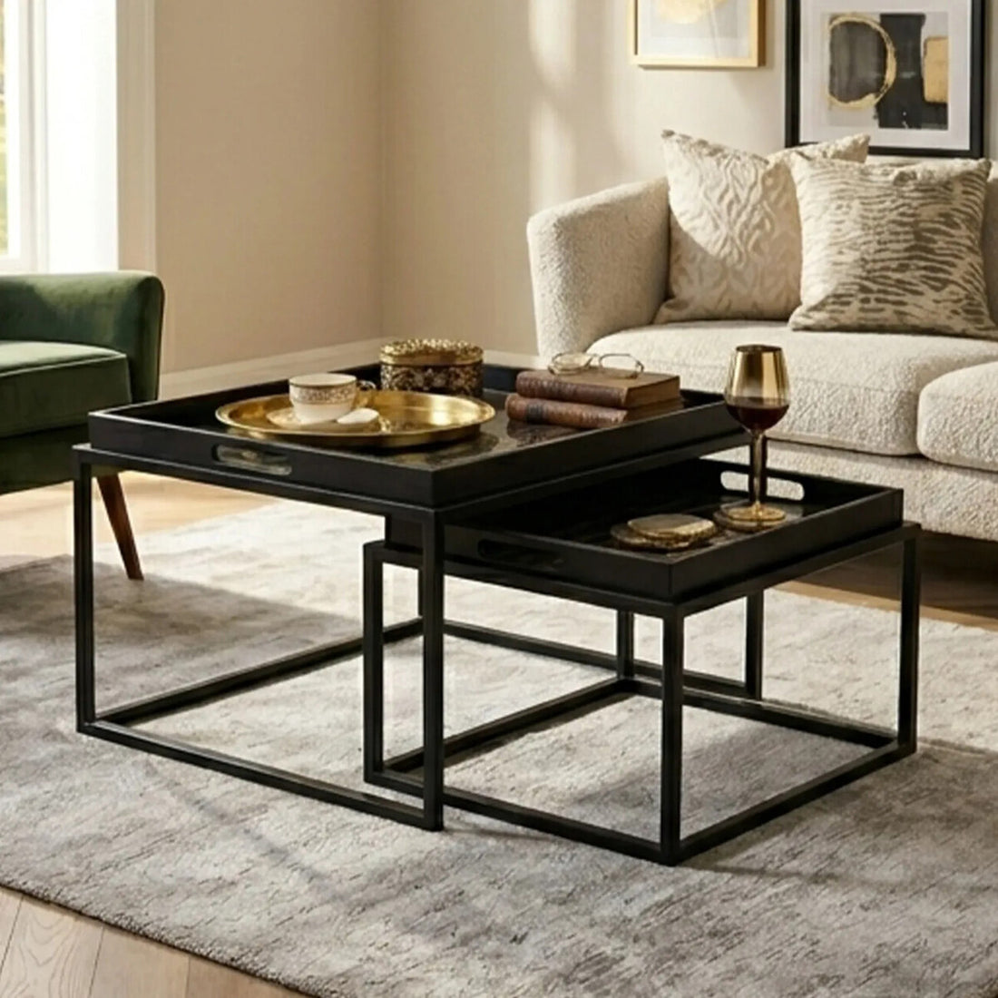 Set of 2 Removable Black and Gold Abstract Tray Tops Nesting Side Tables with Black Metal Frames, Celina