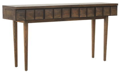 Wooden console table with multiple drawers on a white background