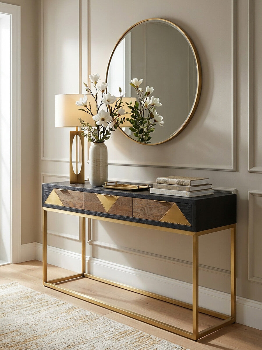 Balck Oak Wood Console Table with Sleek Brushed Gold Frame, Siena