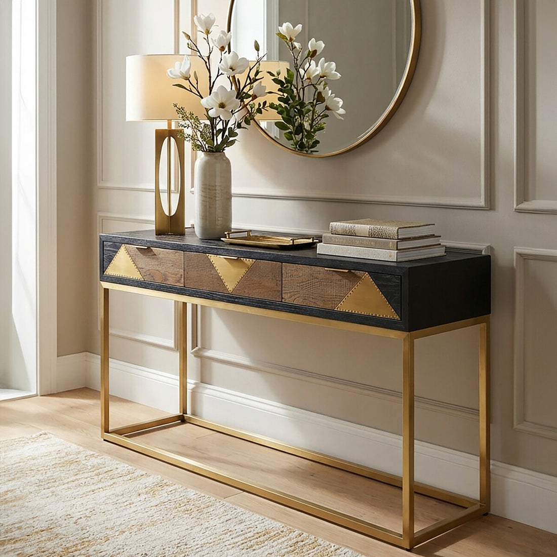 Balck Oak Wood Console Table with Sleek Brushed Gold Frame, Siena