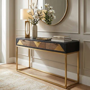 Black and Gold Oak Wood Console Table with Geometric Brass Drawer Panels and Gold Stainless Steel Legs, Siena