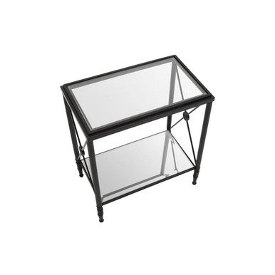 Black Metal Rectangular Frame Side Table with Two-Tier Clear Glass Shelves and Floral Motif, Axis