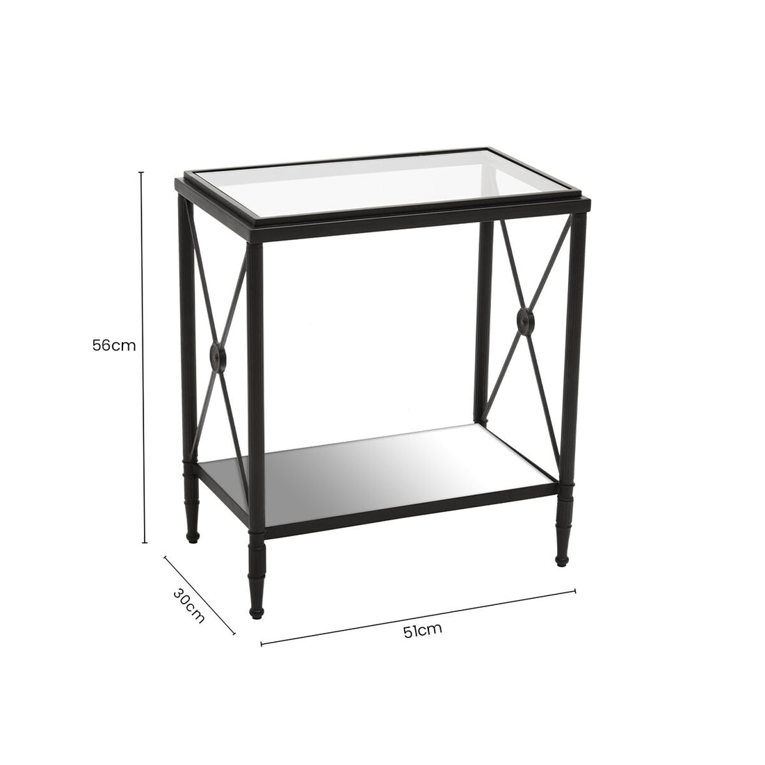 Black Metal Rectangular Frame Side Table with Two-Tier Clear Glass Shelves and Floral Motif, Axis