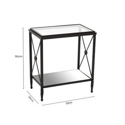 Black Metal Rectangular Frame Side Table with Two-Tier Clear Glass Shelves and Floral Motif, Axis