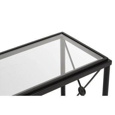 Black Metal Rectangular Frame Side Table with Two-Tier Clear Glass Shelves and Floral Motif, Axis