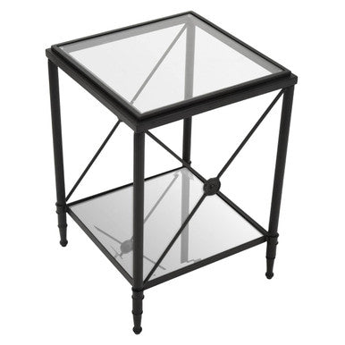 Black Metal Square Frame Side Table with Two-Tier Clear Glass Shelves and Floral Motif, Axis