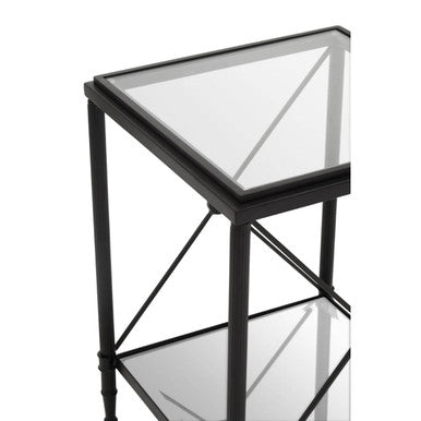 Black Metal Square Frame Side Table with Two-Tier Clear Glass Shelves and Floral Motif, Axis