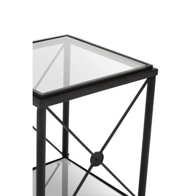 Black Metal Square Frame Side Table with Two-Tier Clear Glass Shelves and Floral Motif, Axis