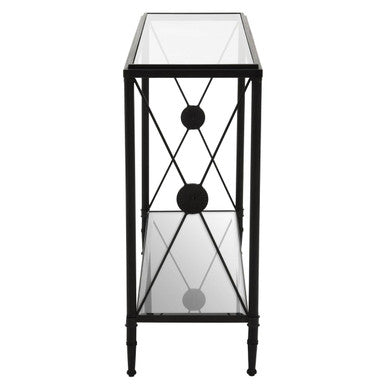 Black Metal Frame Console Table with Two-Tier Clear Glass Shelves and Floral Motif, Axis
