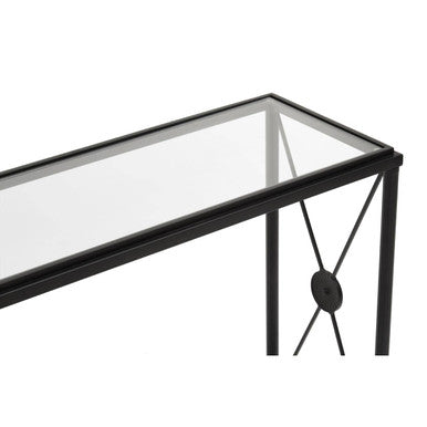 Black Metal Frame Console Table with Two-Tier Clear Glass Shelves and Floral Motif, Axis