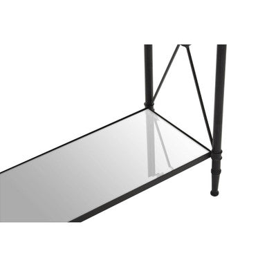 Black Metal Frame Console Table with Two-Tier Clear Glass Shelves and Floral Motif, Axis