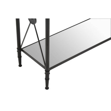 Black Metal Frame Console Table with Two-Tier Clear Glass Shelves and Floral Motif, Axis