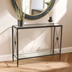 Axis Clear Glass 2 Tier Console Table with Black Metal Frame