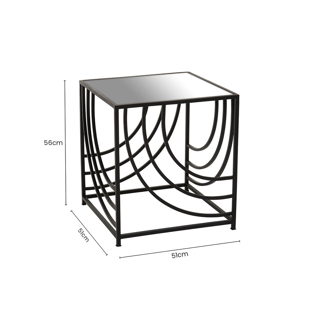 Mirrored Glass Square Side Table with Black Finish Metal Frame, Logan