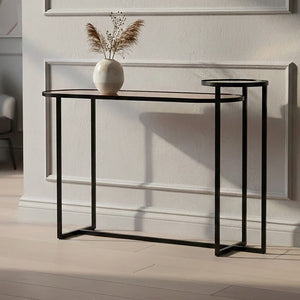 Smoked Mirror Top 2-Tier Console Table with Black Asymmetric Metal Frame, Cercle