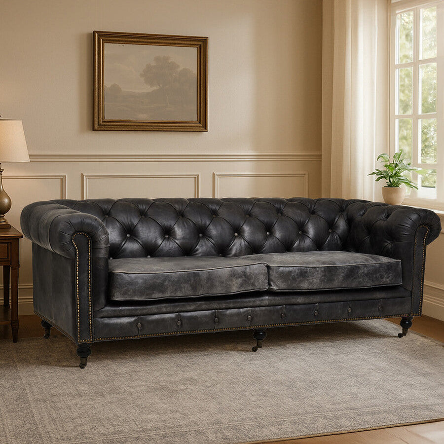 3 Seater Antique Black Chesterfield Leather Sofa, Hoxton