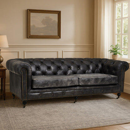 3 Seater Antique Black Chesterfield Leather Sofa, Hoxton