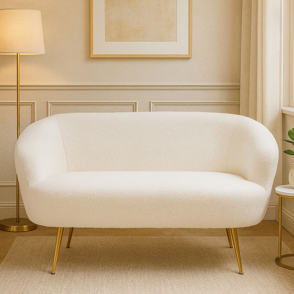 White sofa in a room with a gold floor lamp and framed picture on the wall.