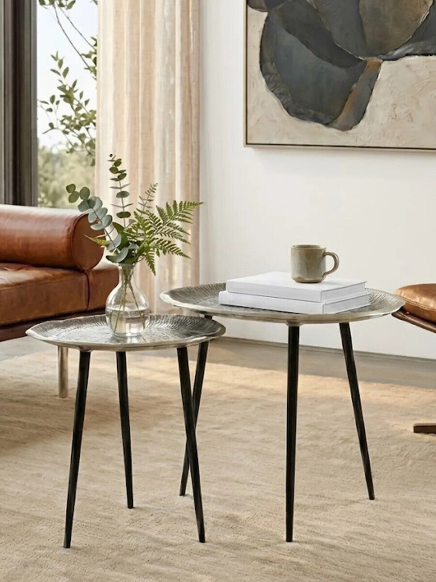 Set of 2 Silver Oak Effect Top Side Tables with Black Legs, Silva