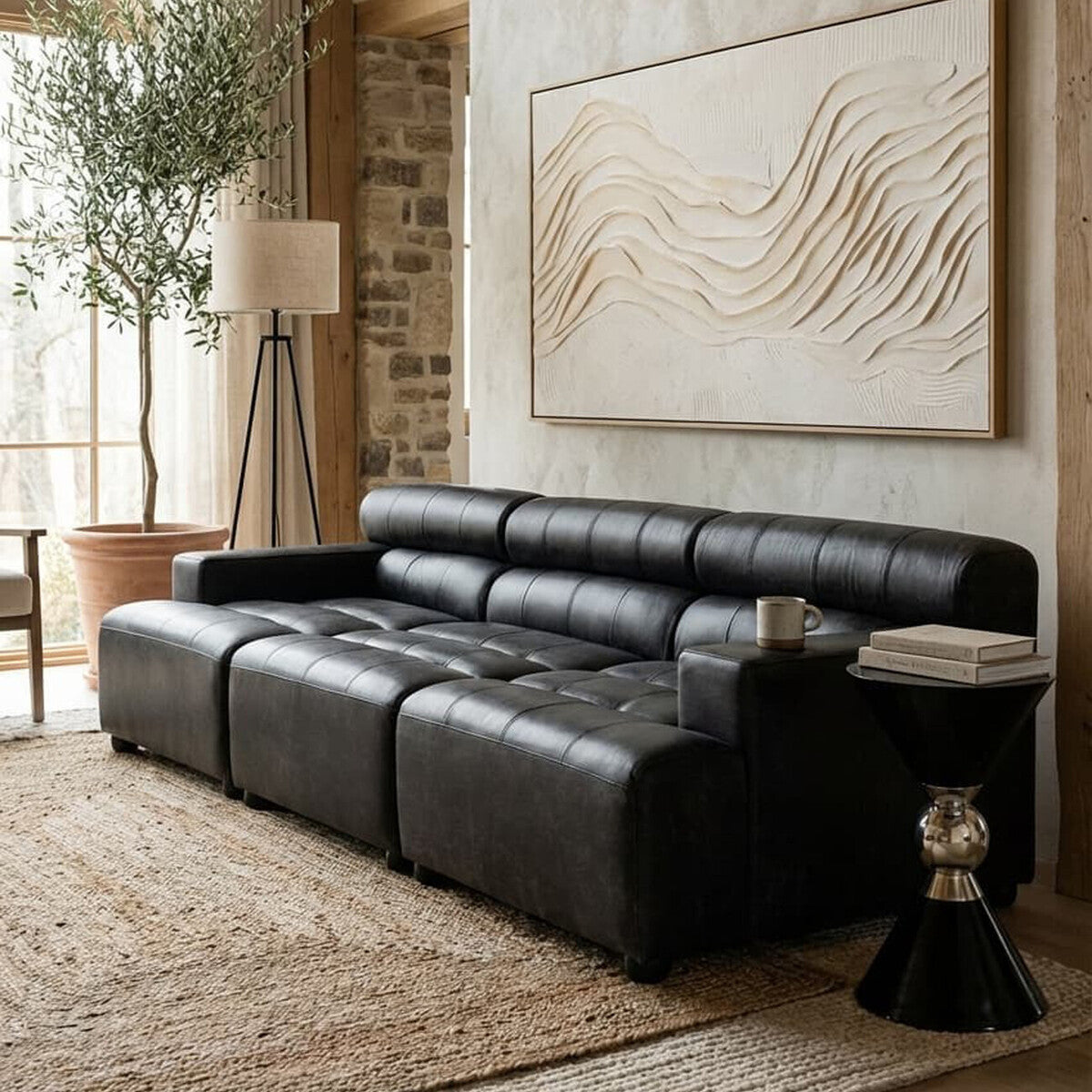 Right Arm Antique Black Leather Modular Sofas, King - Image 8