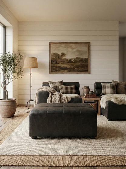 Antique Black Leather Modular Ottoman, King - Image 7