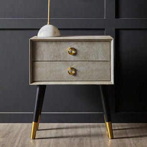 Natural Faux Shagreen Effect 2-Drawer Bedside Table with Gold Accents and Black Angular Legs, Cadio