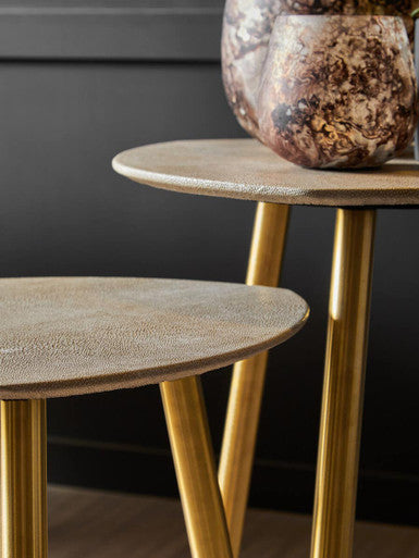 Set of 2 Natural Shagreen Leather Round Top Side Tables with Gold Finish Legs, Cadio