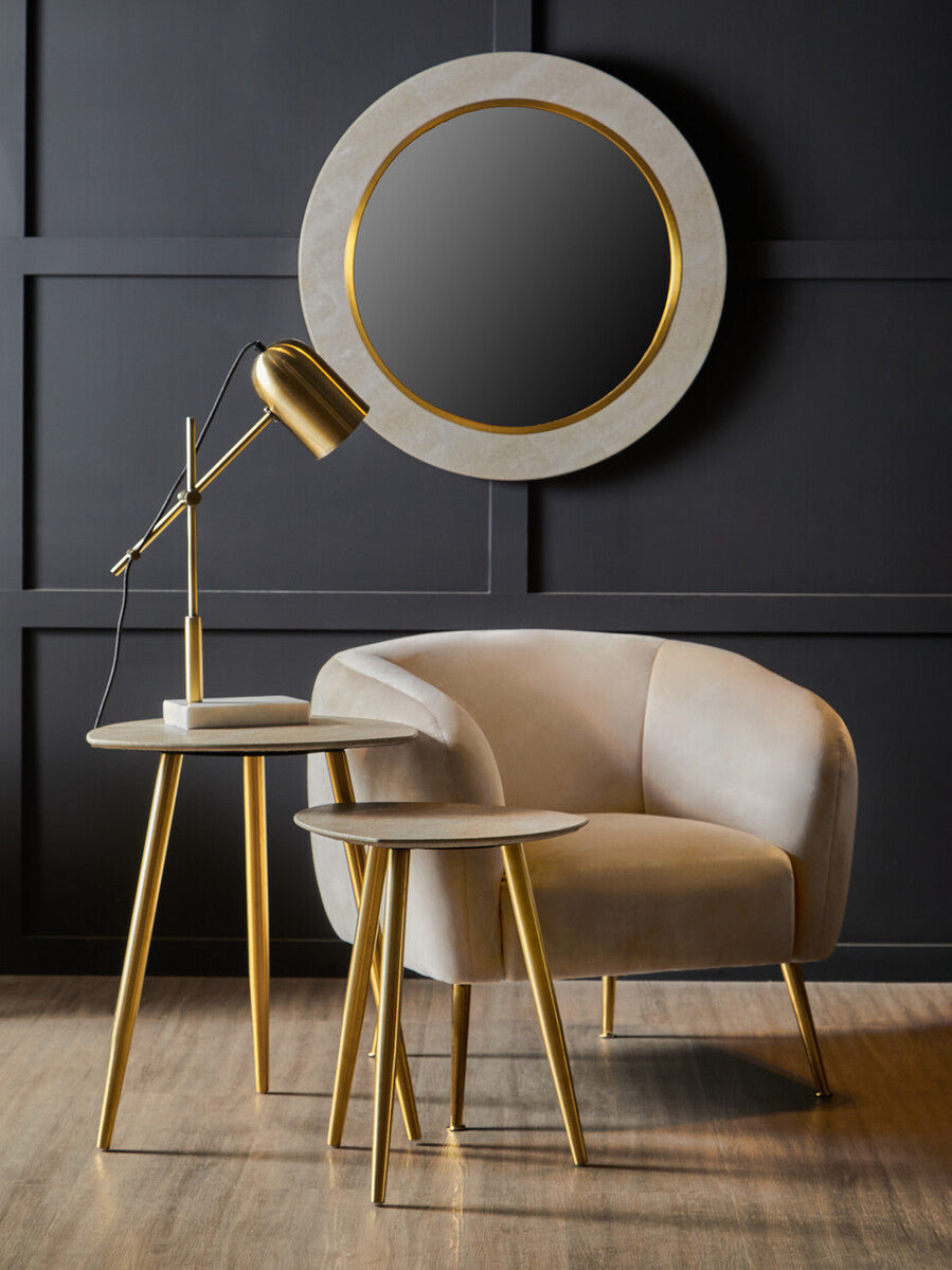 Set of 2 Natural Shagreen Leather Round Top Side Tables with Gold Finish Legs, Cadio