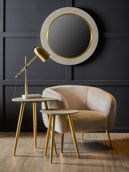 Set of 2 Natural Shagreen Leather Round Top Side Tables with Gold Finish Legs, Cadio