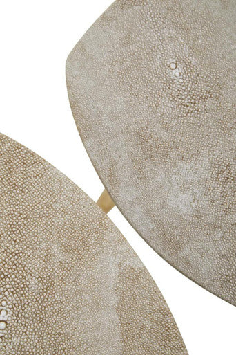 Set of 2 Natural Shagreen Leather Round Top Side Tables with Gold Finish Legs, Cadio