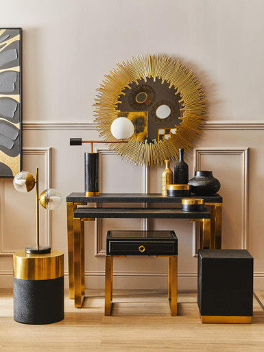 Cardoba Round Black Shagreen Effect Side Table and Stool