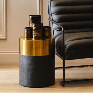 Black Round Shagreen Effect Side Table and Stool with Metallic Gold Top, Cardoba
