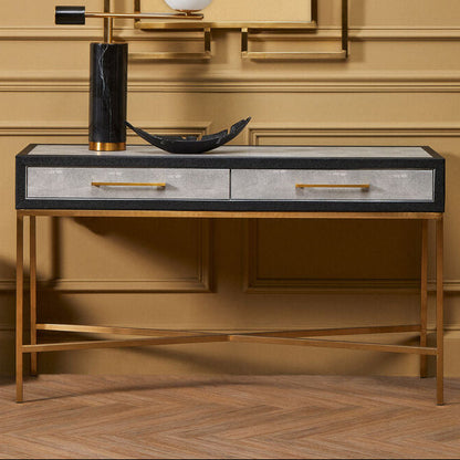 Grey Shagreen Effect 2-Drawer Console Table with Brushed Matte Gold Cross Leg Frame, Cadiz