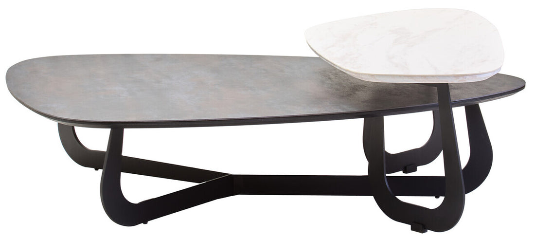 Modern coffee table with a dark metal base and gray top on a white background