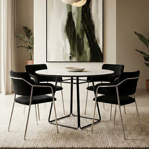 White Ceramic Marble Effect Round Top Dining Table with Black Metal Base, Imperia