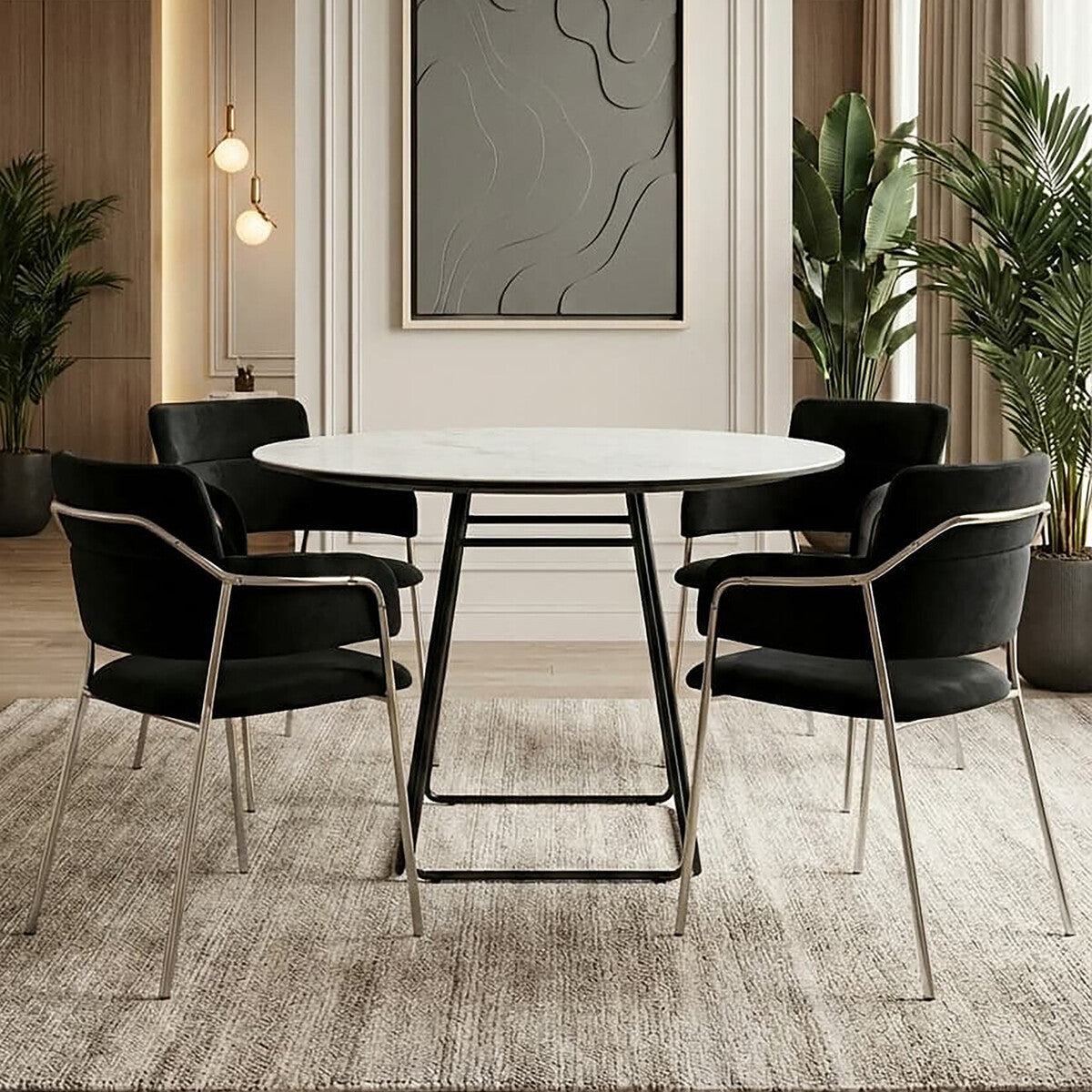 White Ceramic Marble Effect Round Top Dining Table with Black Metal Base, Imperia