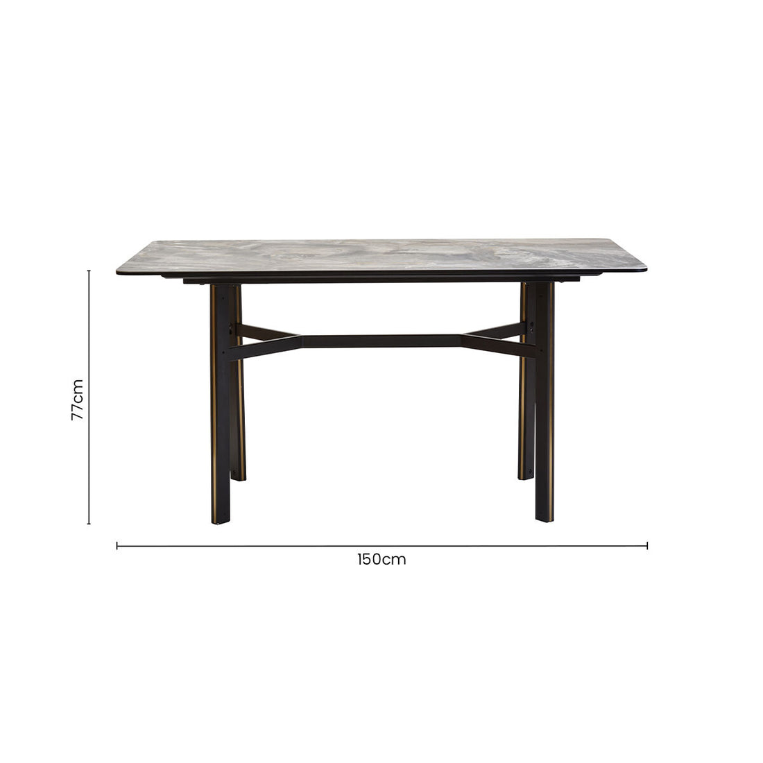 Grey Marble Effect Ceramic Top Dining Table with Black Metal Legs and Gold Detail, Imperia