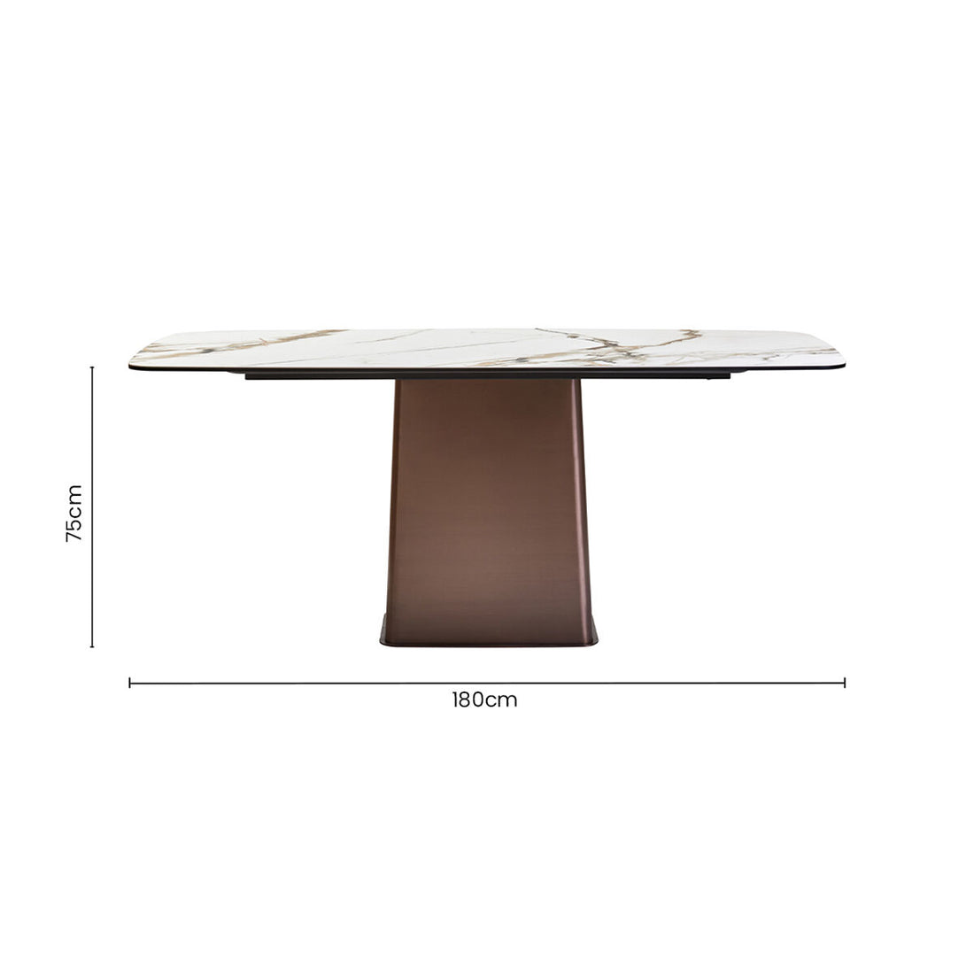 White Marble Effect Ceramic Rectangular Dining Table with Brushed Bronze Steel Column Base, Imperia