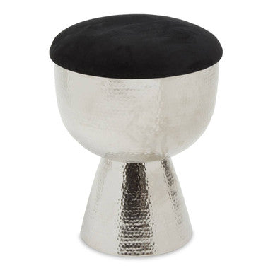 Metallic stool with a black cushion on a white background